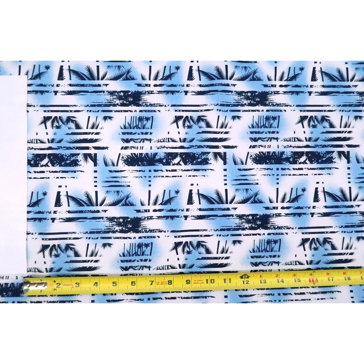 Palm Tree Border Abstract Print 100% Cotton Fabric -White/Blue
