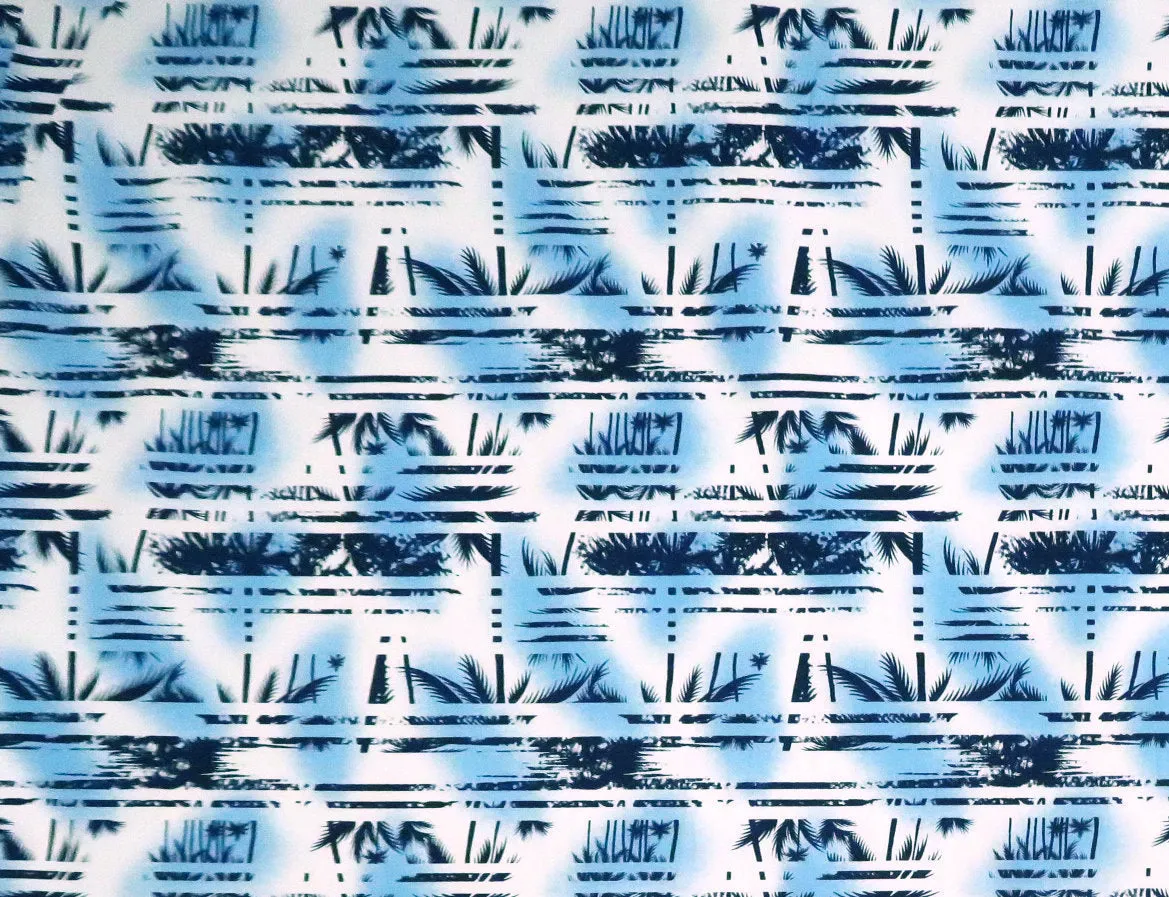 Palm Tree Border Abstract Print 100% Cotton Fabric -White/Blue