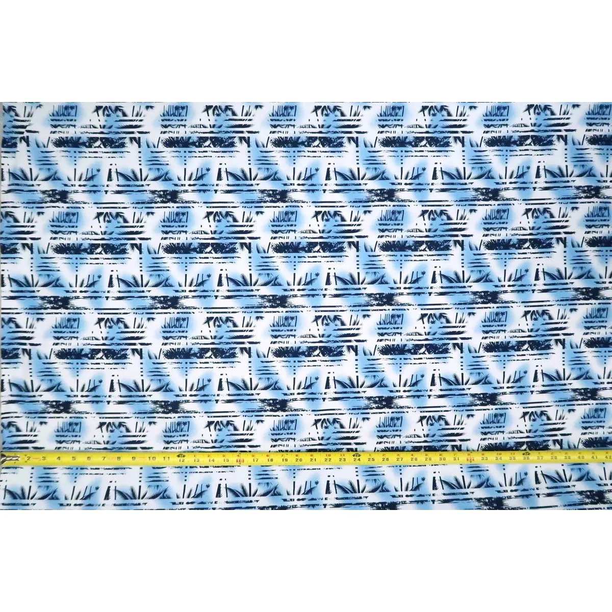 Palm Tree Border Abstract Print 100% Cotton Fabric -White/Blue