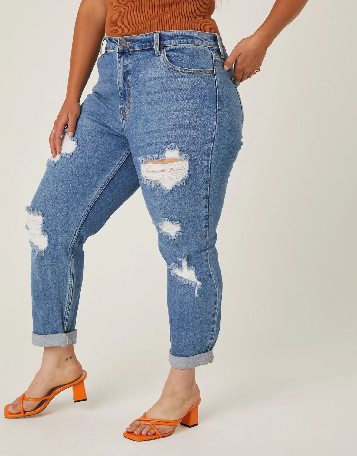 Plus Size Distressed Detail Mom Jeans