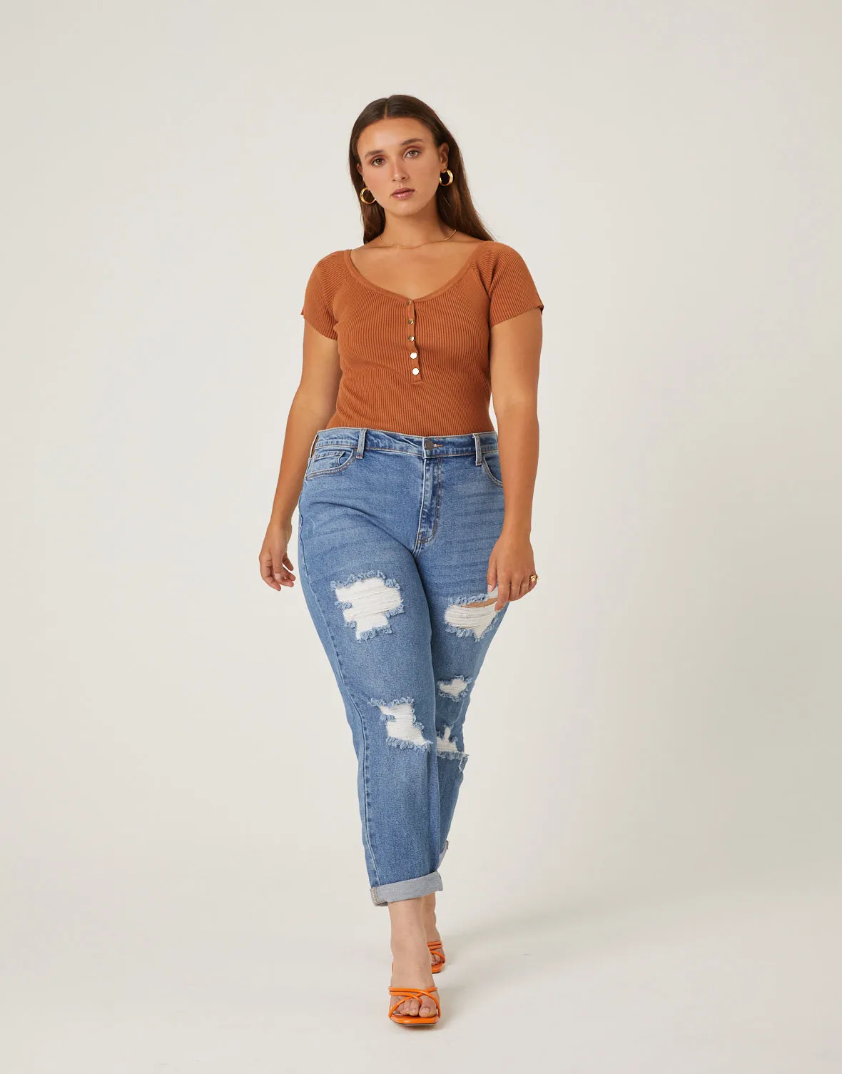 Plus Size Distressed Detail Mom Jeans
