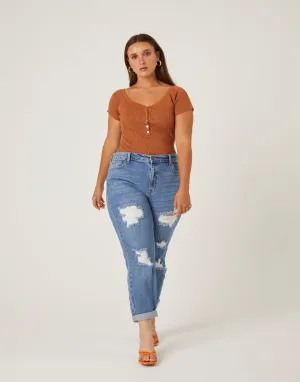 Plus Size Distressed Detail Mom Jeans