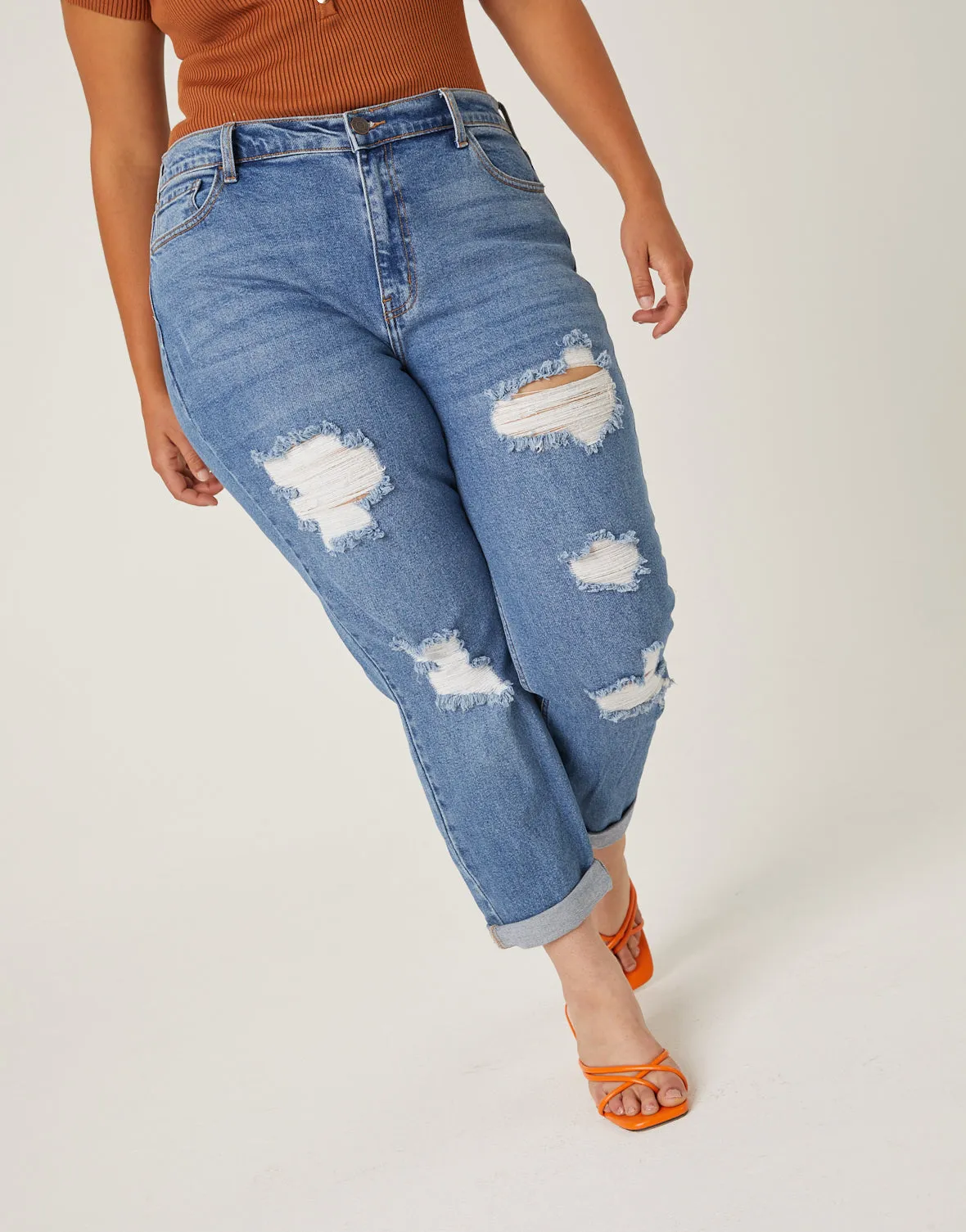Plus Size Distressed Detail Mom Jeans