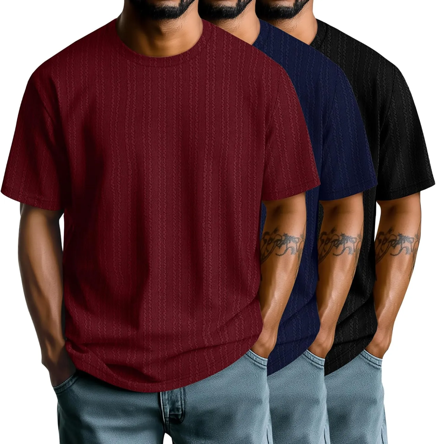 Riyiper 3 Pack Men's Short Sleeve T Shirts Loose Crew Neck Casual Stretchy Tees Summer Textured Knit Basic Lightweight Tops