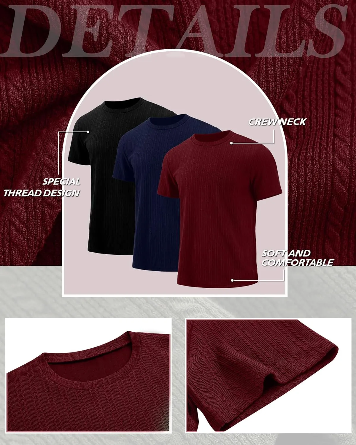 Riyiper 3 Pack Men's Short Sleeve T Shirts Loose Crew Neck Casual Stretchy Tees Summer Textured Knit Basic Lightweight Tops