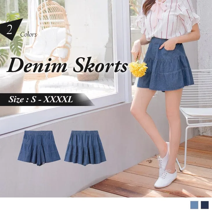 RUFFLED SPLICE DENIM SKORTS