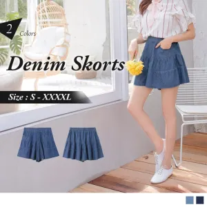 RUFFLED SPLICE DENIM SKORTS