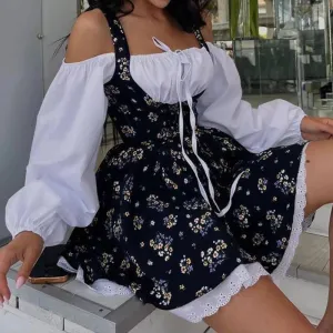 Sexy French Lace Splicing Spring Stitch Puff Long Sleeve Short Elegant Sweet Dress