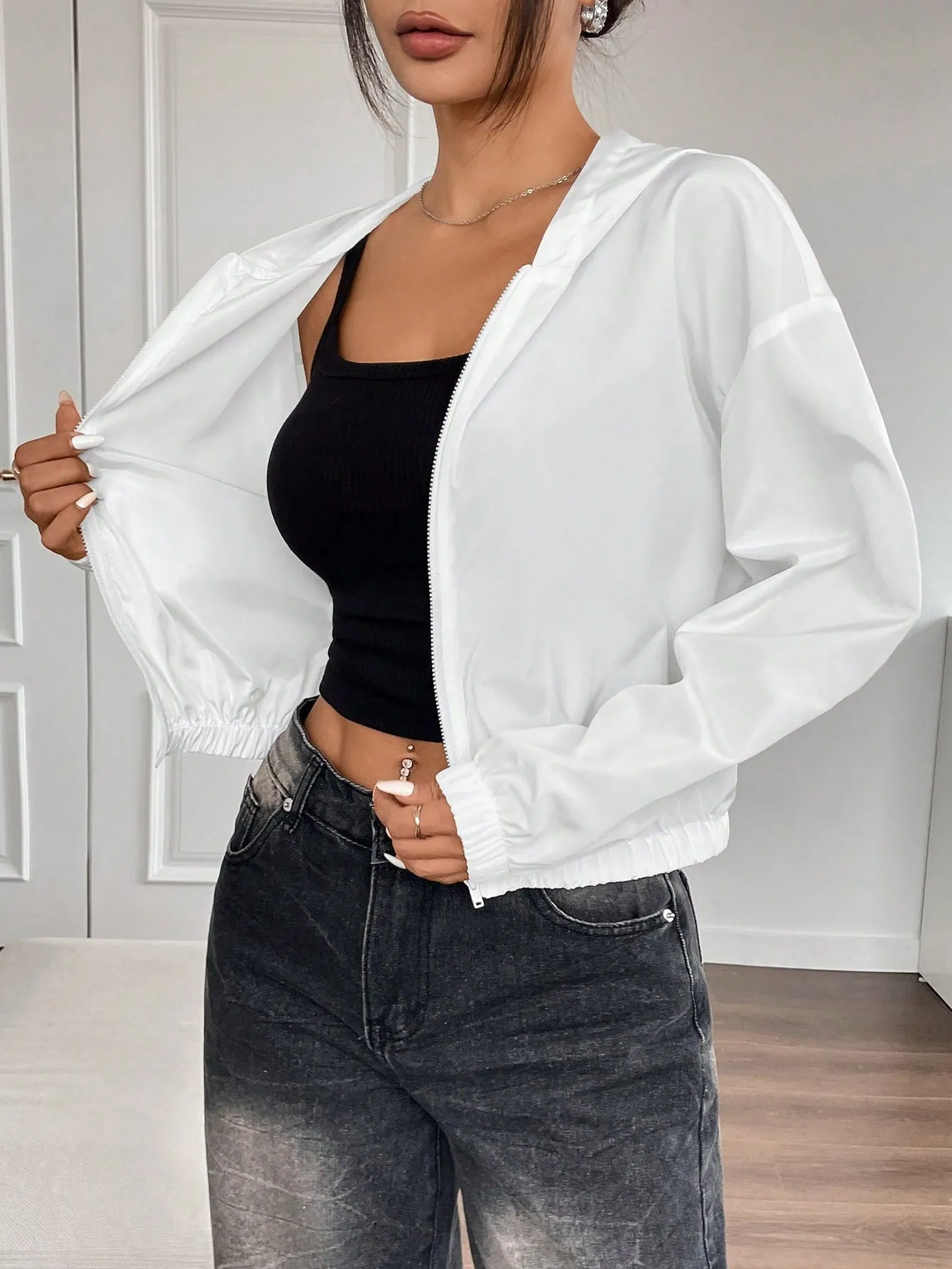 SHEIN EZwear Letter Graphic Hooded Zipper Front Jacket