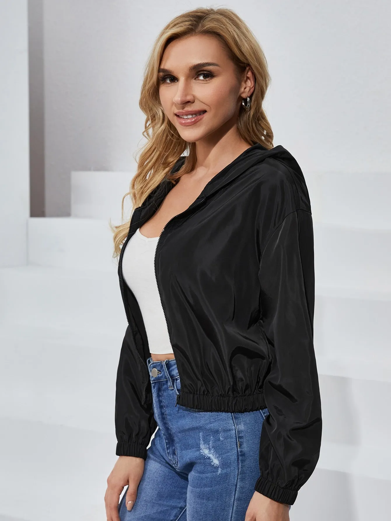 SHEIN EZwear Letter Graphic Hooded Zipper Front Jacket