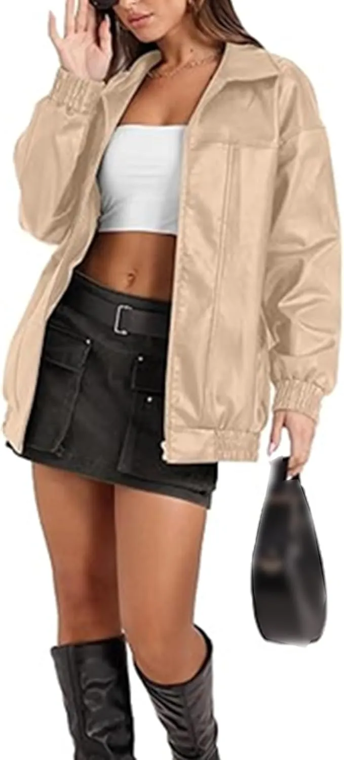 SOMTHRON Women's Oversized Leather Jackets Faux Casual Zip Up Fall Motorcycle Bomber Outfits Winter Fashion Clothes