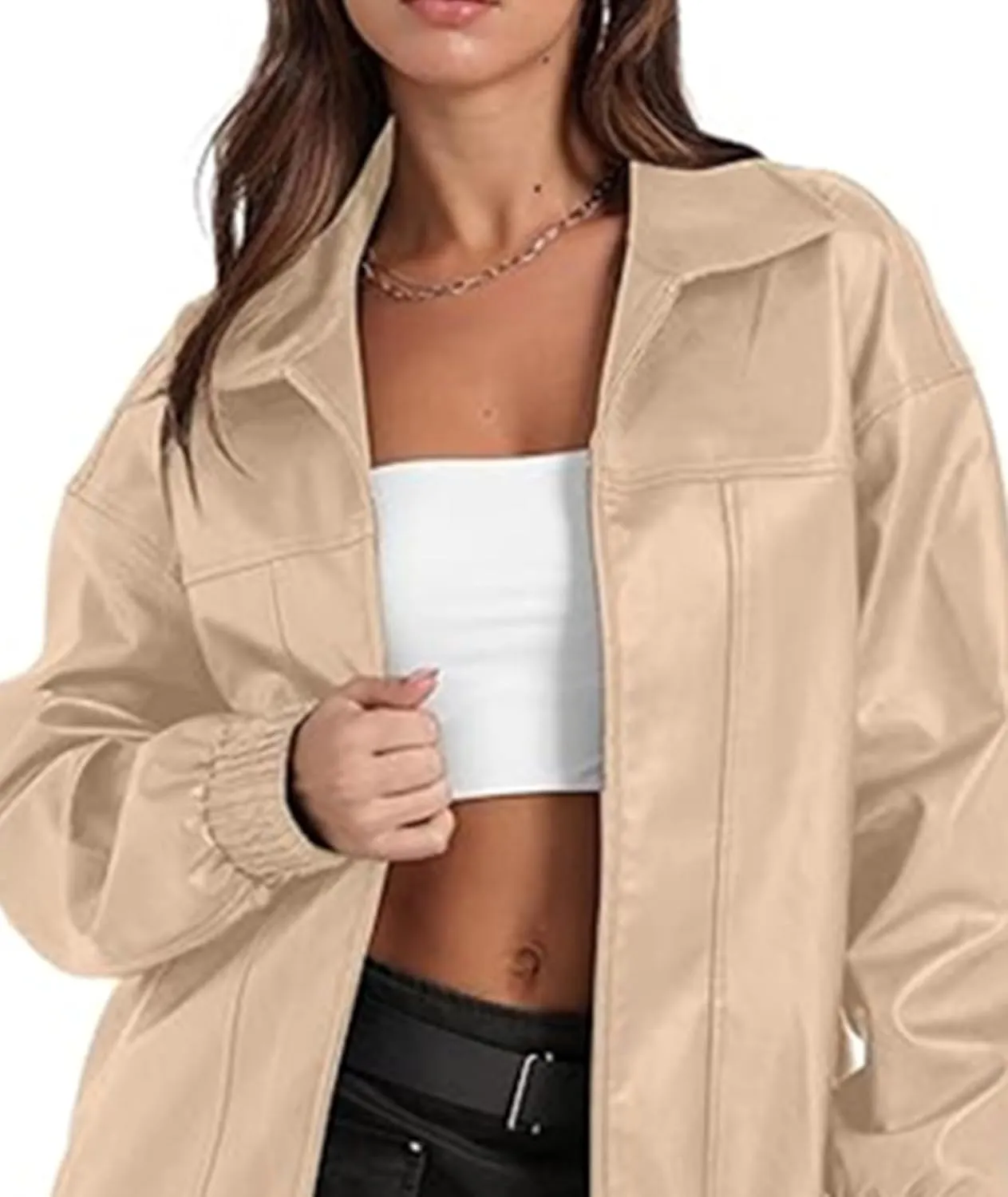 SOMTHRON Women's Oversized Leather Jackets Faux Casual Zip Up Fall Motorcycle Bomber Outfits Winter Fashion Clothes