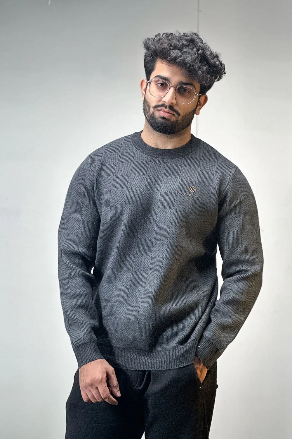 Thunder Grey Self Textured Sweatshirt - 1124155
