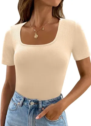 Totatuit Women's Square Neck Short Sleeve T Shirts Sexy Cute Slim Fit Rib Knit Tops Basic Tee Shirts