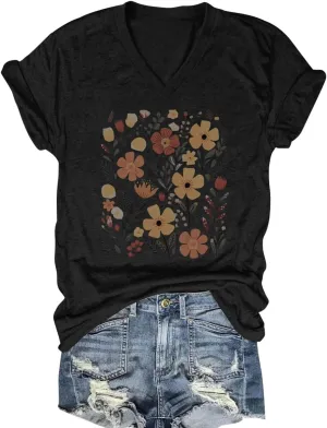 V Neck T Shirts for Women Cute Flower Graphic Tees Summer Tops Floral Print T Shirts Vintage Wildflower Tees