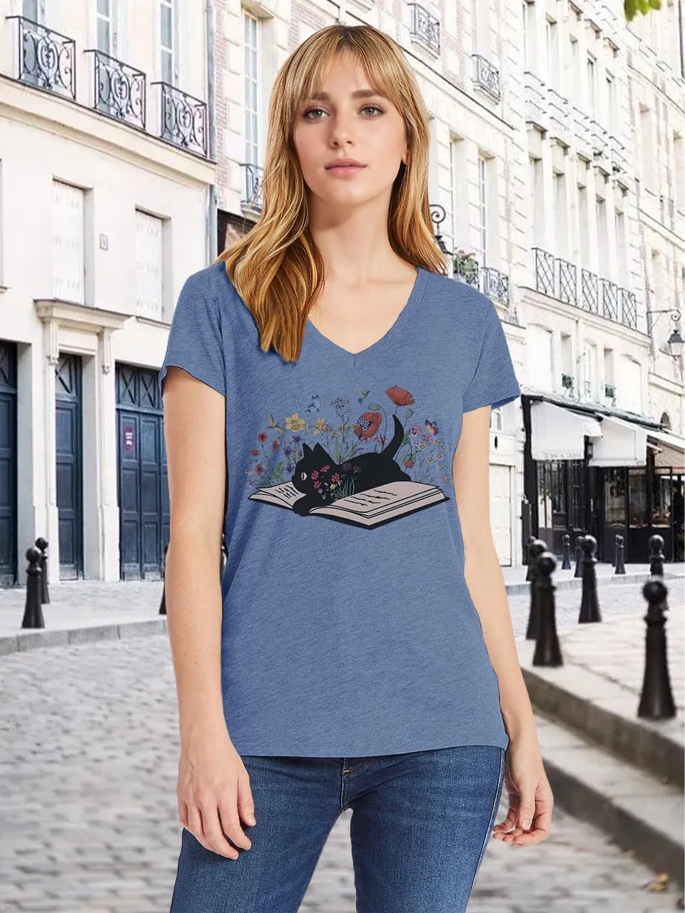 V Neck T Shirts for Women Cute Flower Graphic Tees Summer Tops Floral Print T Shirts Vintage Wildflower Tees