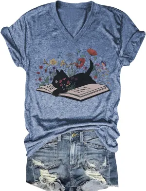V Neck T Shirts for Women Cute Flower Graphic Tees Summer Tops Floral Print T Shirts Vintage Wildflower Tees