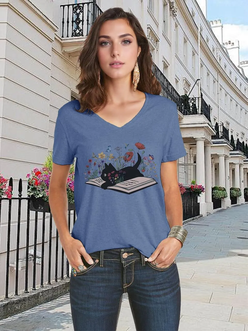 V Neck T Shirts for Women Cute Flower Graphic Tees Summer Tops Floral Print T Shirts Vintage Wildflower Tees