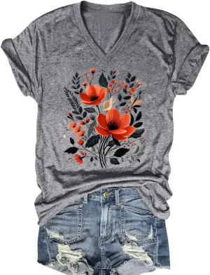 V Neck T Shirts for Women Cute Flower Graphic Tees Summer Tops Floral Print T Shirts Vintage Wildflower Tees