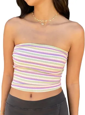 Women Y2K Tie Dye Tube Tops Summer Strapless Backless Floral Print Bandeau Crop Tops Cute Boho Cami Tops