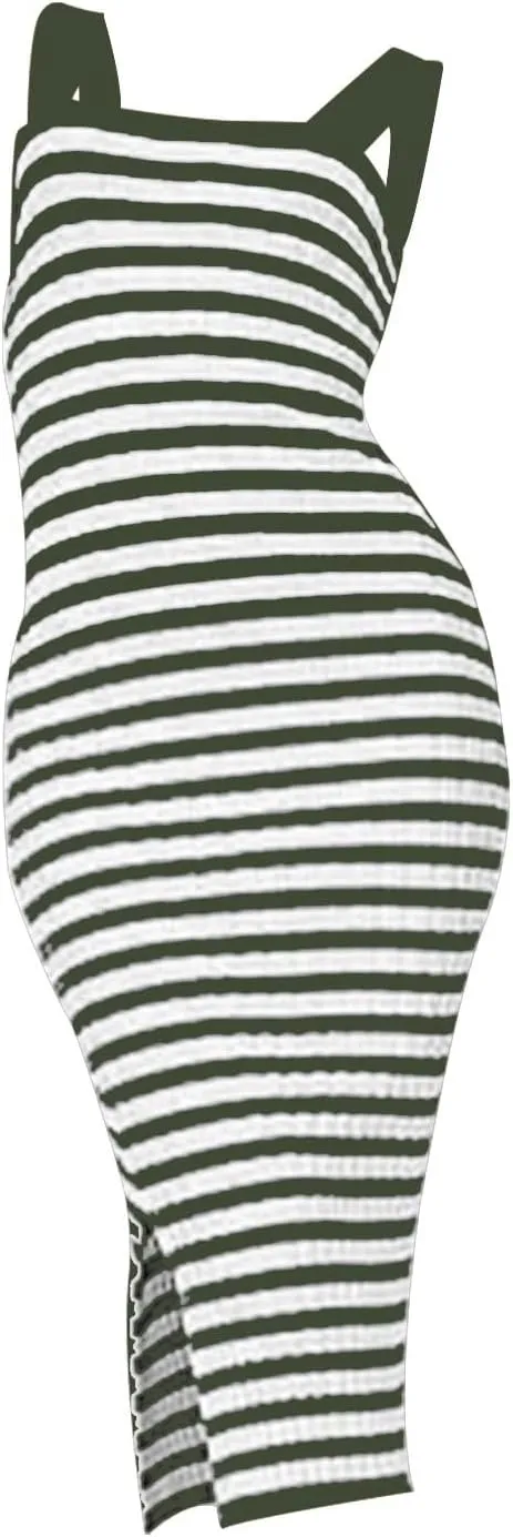 Women's 2025 Summer Spring Bodycon Midi Dress Vacation Sleeveless Ribbed Knit Striped Party Sweater Dresses