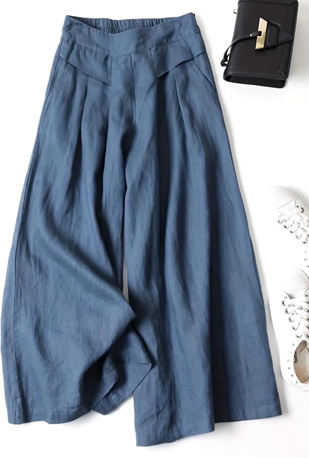 Womens Baggy Wide Leg Palazzo Pants Loose Elastic Waist Linen Pants Palazzo Lounge Trousers