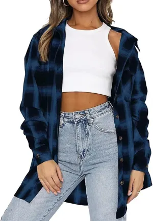 Womens Button Down Flannel Shirts Long Sleeve Plaid Shackets Business Casual Blouse Top