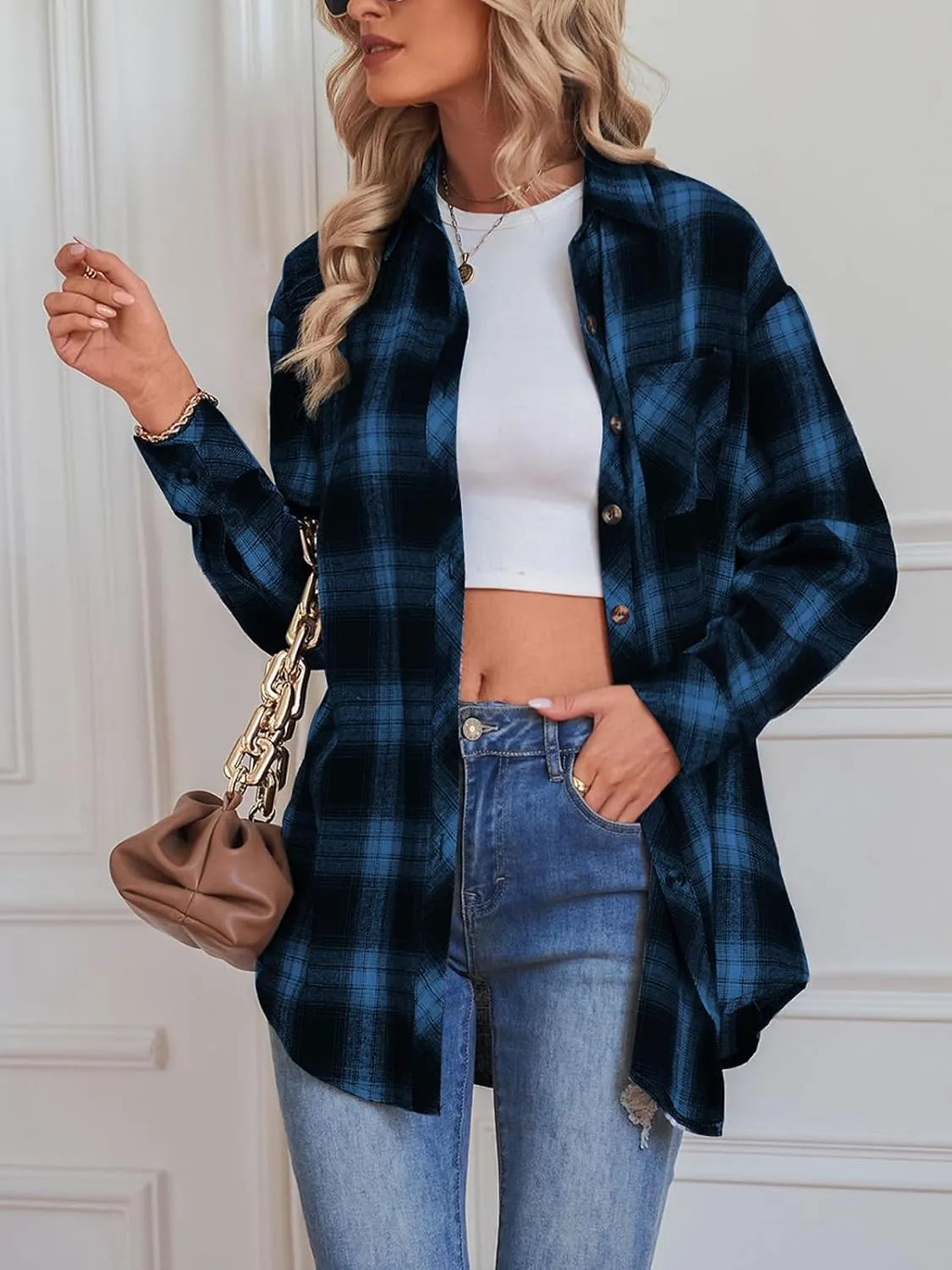 Womens Button Down Flannel Shirts Long Sleeve Plaid Shackets Business Casual Blouse Top