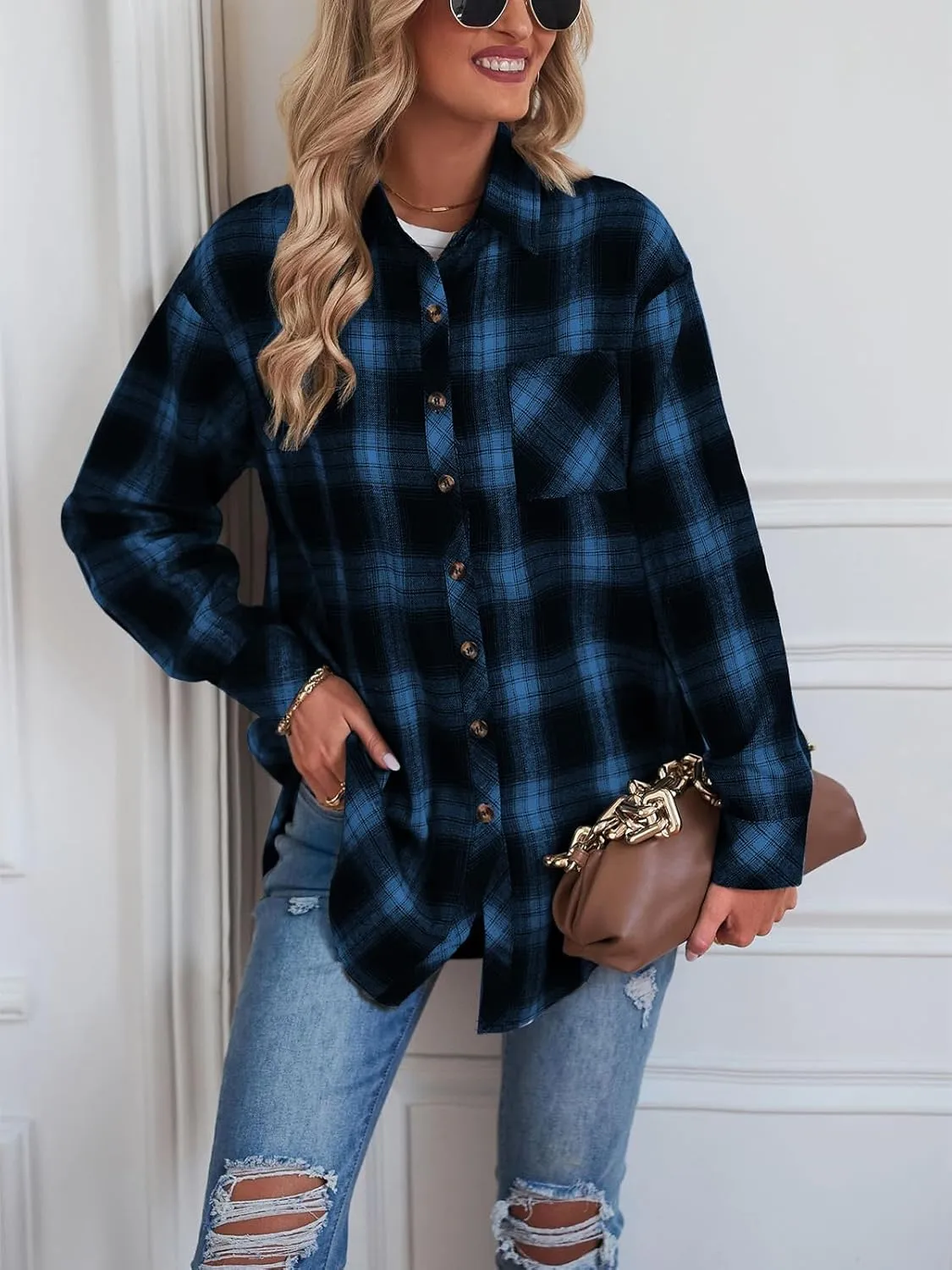 Womens Button Down Flannel Shirts Long Sleeve Plaid Shackets Business Casual Blouse Top