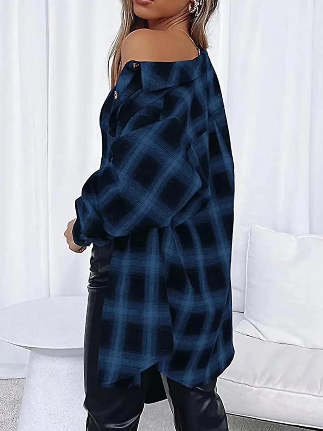 Womens Button Down Flannel Shirts Long Sleeve Plaid Shackets Business Casual Blouse Top