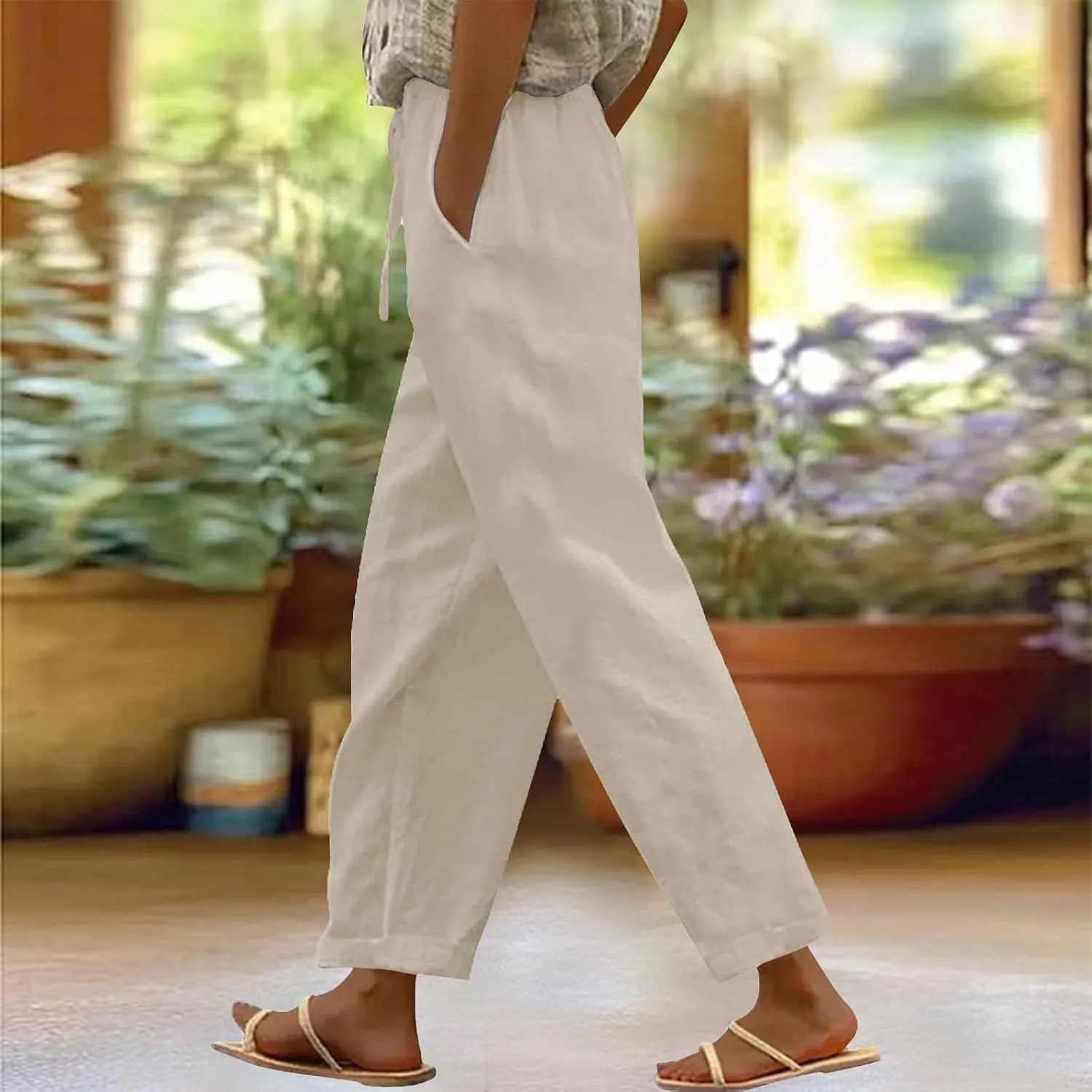 Womens Cotton Linen Pants 2025 Summer Gauze Drawstring High Waisted Wide Leg Capri Trousers Beach Vacation Clothes