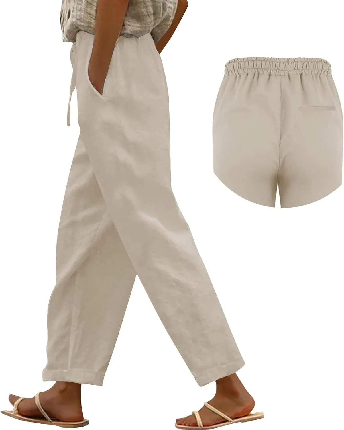 Womens Cotton Linen Pants 2025 Summer Gauze Drawstring High Waisted Wide Leg Capri Trousers Beach Vacation Clothes