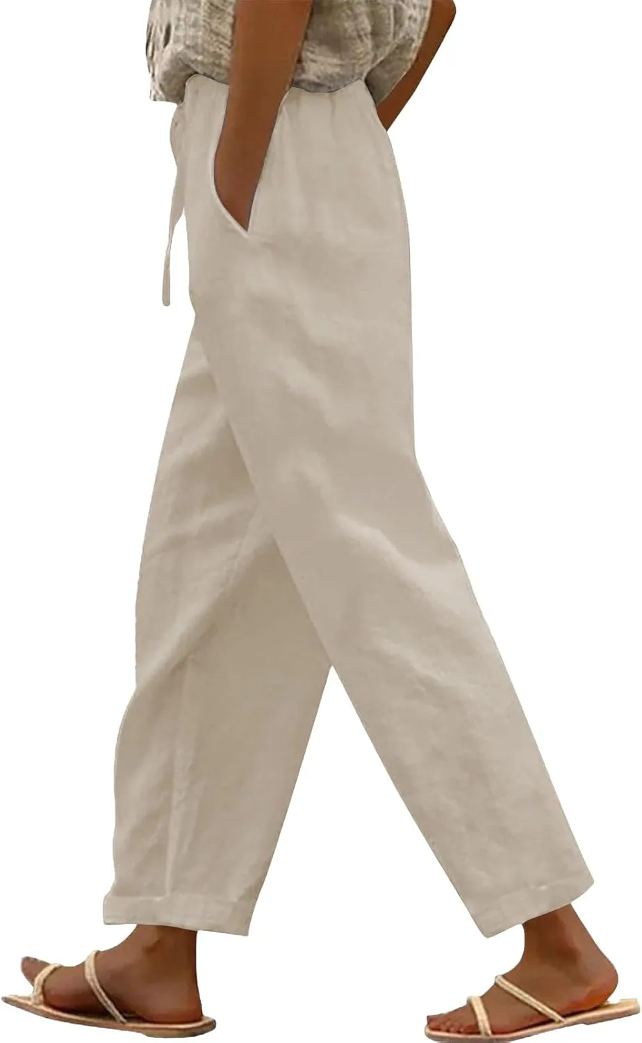 Womens Cotton Linen Pants 2025 Summer Gauze Drawstring High Waisted Wide Leg Capri Trousers Beach Vacation Clothes
