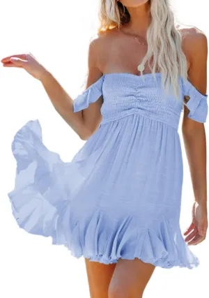 Womens Off Shoulder Mini Dress Sweetheart Neck Smocked Elastic Straps Ruffle Hem Flowy Swing Short Sundress