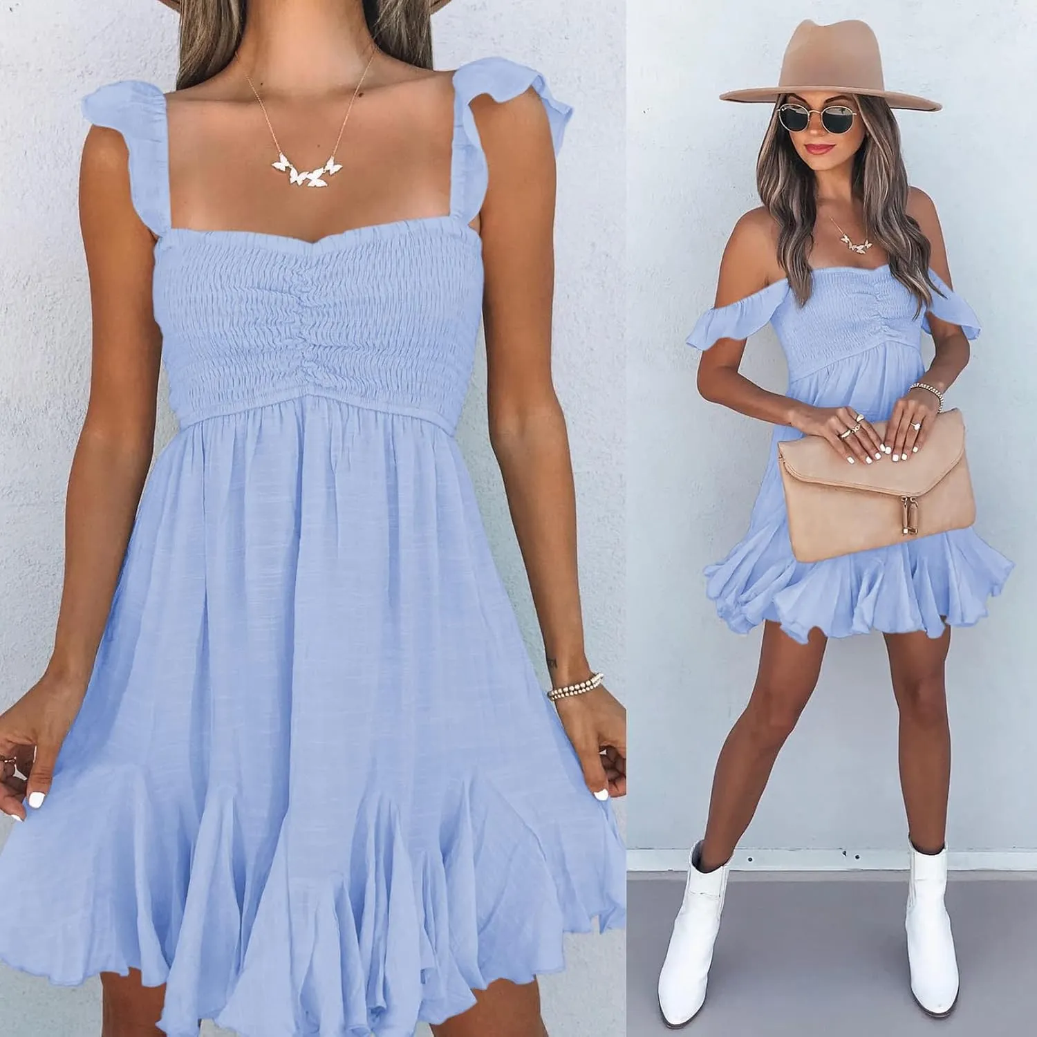 Womens Off Shoulder Mini Dress Sweetheart Neck Smocked Elastic Straps Ruffle Hem Flowy Swing Short Sundress