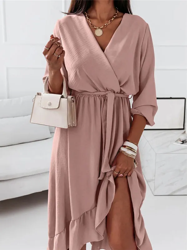 Women's Solid Ruffle Elegant Long Sleeve Dress