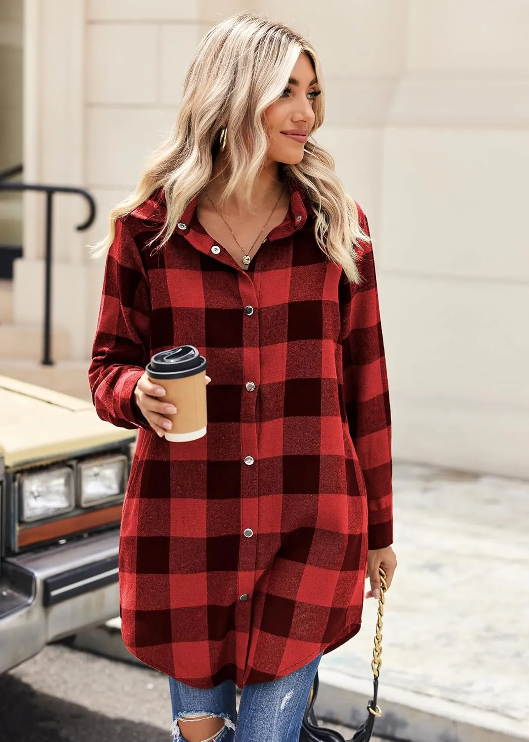 Zeagoo Flannel for Women 2025 Fall Fashion Long Sleeve Plaid Button Down Shirts Shacket Blouse Top with Pockets
