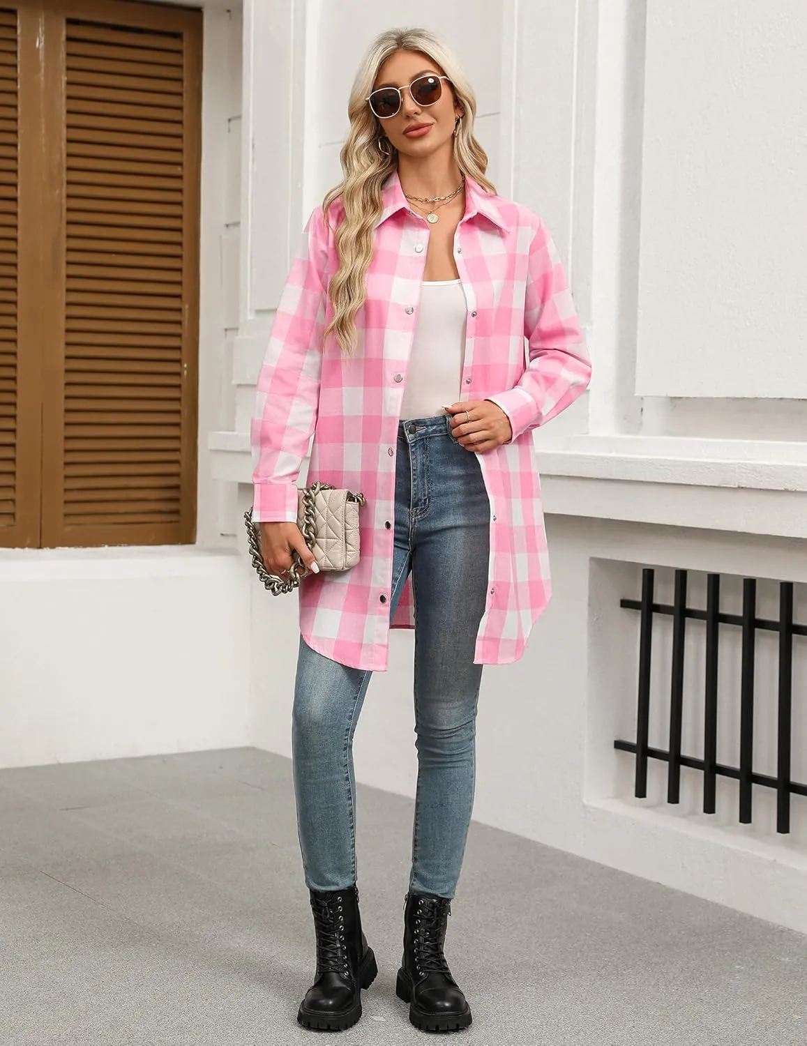 Zeagoo Flannel for Women 2025 Fall Fashion Long Sleeve Plaid Button Down Shirts Shacket Blouse Top with Pockets