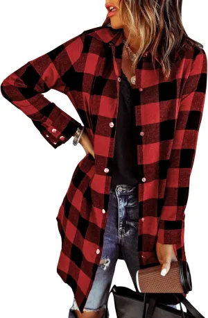 Zeagoo Flannel for Women 2025 Fall Fashion Long Sleeve Plaid Button Down Shirts Shacket Blouse Top with Pockets