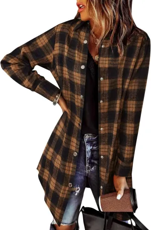 Zeagoo Flannel for Women 2025 Fall Fashion Long Sleeve Plaid Button Down Shirts Shacket Blouse Top with Pockets