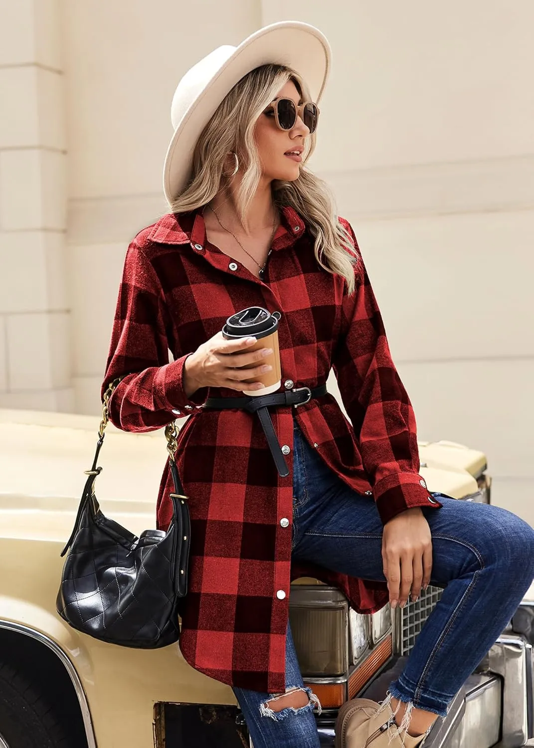 Zeagoo Flannel for Women 2025 Fall Fashion Long Sleeve Plaid Button Down Shirts Shacket Blouse Top with Pockets