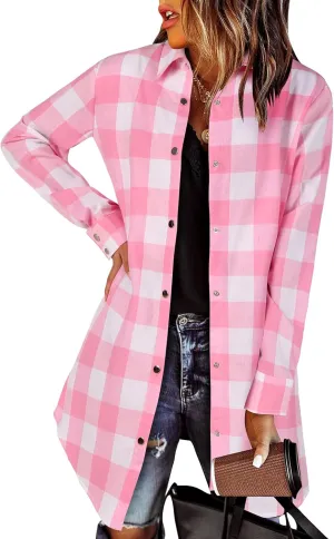 Zeagoo Flannel for Women 2025 Fall Fashion Long Sleeve Plaid Button Down Shirts Shacket Blouse Top with Pockets