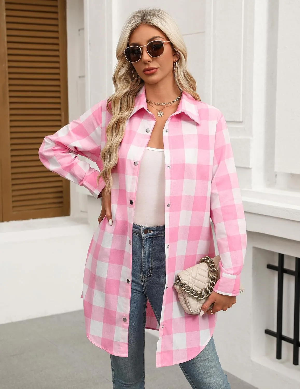 Zeagoo Flannel for Women 2025 Fall Fashion Long Sleeve Plaid Button Down Shirts Shacket Blouse Top with Pockets
