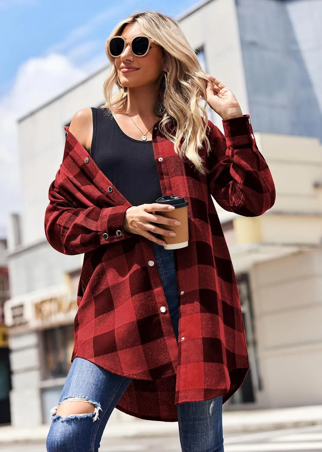 Zeagoo Flannel for Women 2025 Fall Fashion Long Sleeve Plaid Button Down Shirts Shacket Blouse Top with Pockets