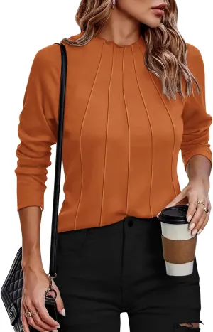 Zeagoo Womens Long Sleeve T Shirts Casual Mock Neck Tops Fall Pleated Blouses Basic Trendy Clothes 2024