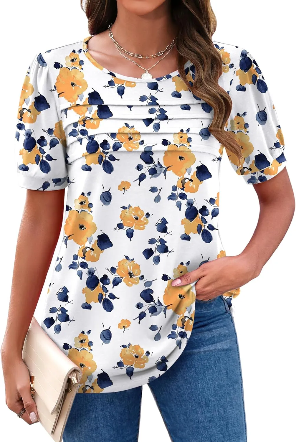 Zeagoo Womens Short Sleeve Tops Floral Boho Shirts Pleated Crewneck Summer Outfit Puff Sleeve Blouses Casual Tunic